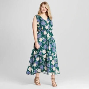 Merona Green Floral Sleeveless Tiered Maxi Dress XS